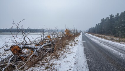 Obraz premium Felled trees lining the roadside, indicating pruning after winter, road safety