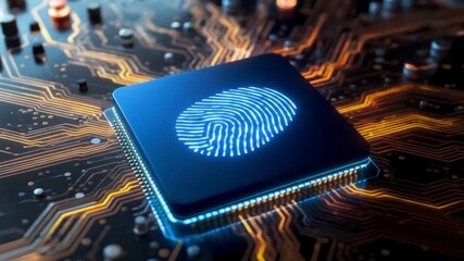Biometric fingerprint chip technology glowing on futuristic circuit board showcasing digital security authentication, cyber protection, advanced encryption and modern innovation background video - Powered by Adobe