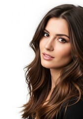 Captivating portrait of a beautiful young woman with flowing brown hair, exuding natural charm and elegance against a crisp white backdrop, showcasing her radiant features and confident gaze