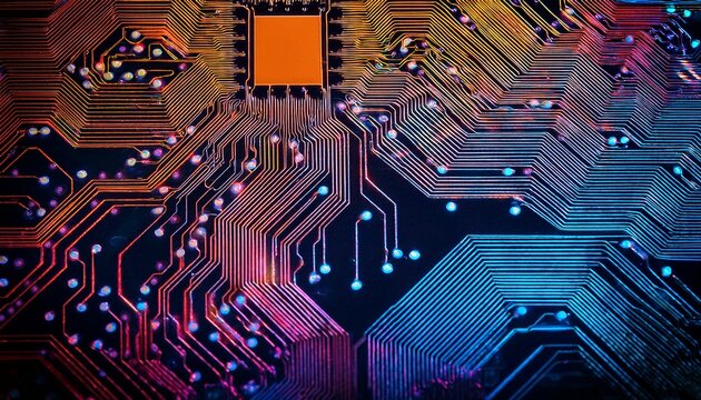 abstract close up of vibrant circuit board pathways intricate network of colorful conductive traces on a dark substrate focus on the interwoven lines and connections