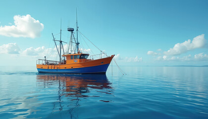 Obraz premium Fishing boat floats peacefully across calm water under a blue sky. The vessel is brightly colored. Marine transport at sea. Ocean fishing industry theme.