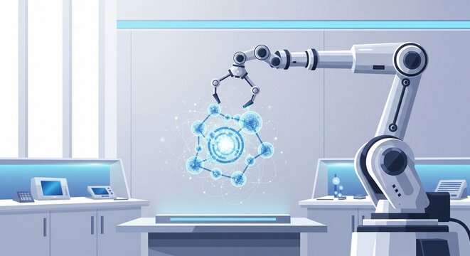Robotic Arm Assembling Futuristic Molecular Structure in a Modern Laboratory Setting