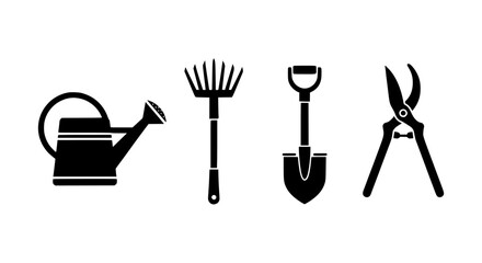 Vecter icons set showing a collection of gardening tools displayed in a simple graphic style on a white background vector image silhouette