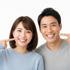 Joyful Asian couple proudly showcasing their dazzling white smiles, radiating happiness and perfect dental health, a testament to excellent oral hygiene and bright futures