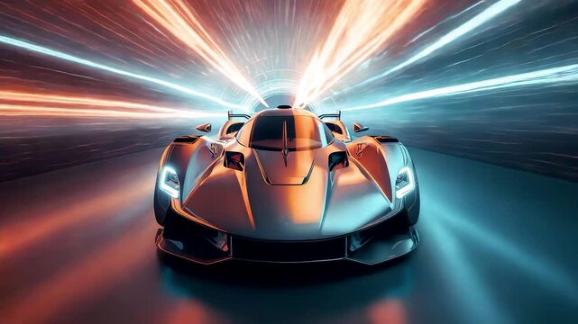 Sleek Hypercar Racing at Hypersonic Speed with Dramatic Light Trails in Dark Tunnel