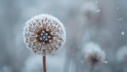 Dry hogweed seed head blanketed in snow, showcasing seasonal change
