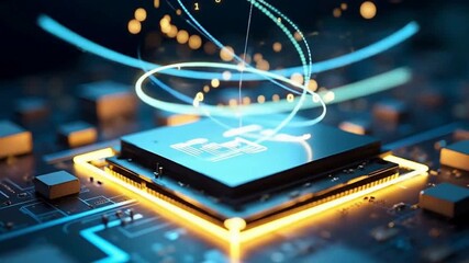 Futuristic glowing microchip with swirling data lines, advanced processor technology animation, high-tech digital circuitry, modern semiconductor innovation and electronic computing system - Powered by Adobe