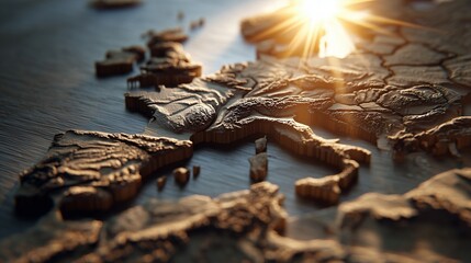 The beautifully crafted three-dimensional map showcases detailed outlines of European countries, highlighted by a warm sunlight gleaming across its surface. This artistic map of Eu