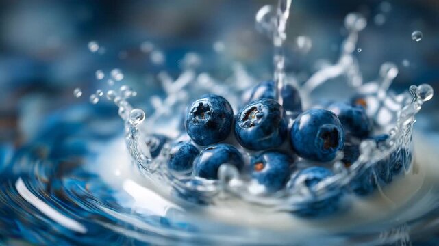 Artistic macro of fresh blueberries splashing into milk, ripples forming concentric circles, background softly blurred with bright kitchen elements, soft natural lighting emphasizi