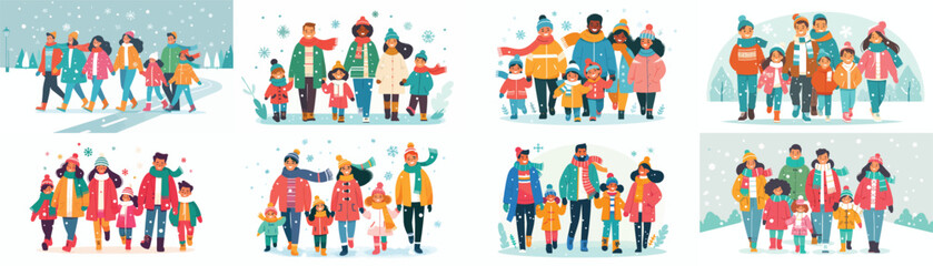family walking together on a snowy street on Christmas morning. Vektor, design, minimalist, illustrations, set icon