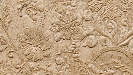 Textured background featuring traditional handcrafted floral designs on sandstone, suitable for editorial header background