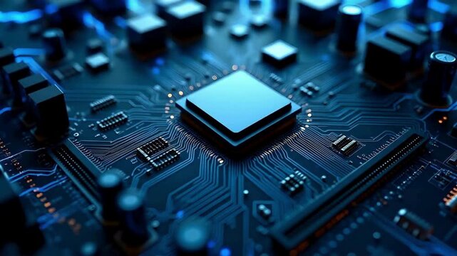 Futuristic microprocessor chip animation with glowing blue circuitry, advanced electronic motherboard design, high-tech computing hardware system and digital technology engineering background