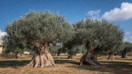 Olive trees in a serene garden setting, symbolizing preservation © Rizvan