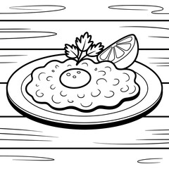 Fried scrambled eggs with lemon on plate wooden texture background outline