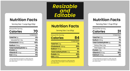 Three different nutrition facts labels on white backgrounds with a yellow editable section in the middle, nutrition facts, nutrition chart, food nutrition labels.