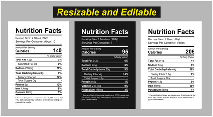 Three different nutrition facts labels displayed side by side on a white background with a yellow banner, nutrition facts, nutritional value, healthy eating facts, nutrition information.