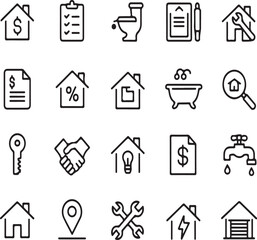 Collection of black outline icons for real estate and home services house
