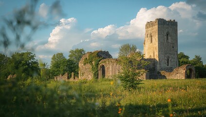 Summer scenery featuring stone castle remnants and wooden tower, emphasizing historical preservation