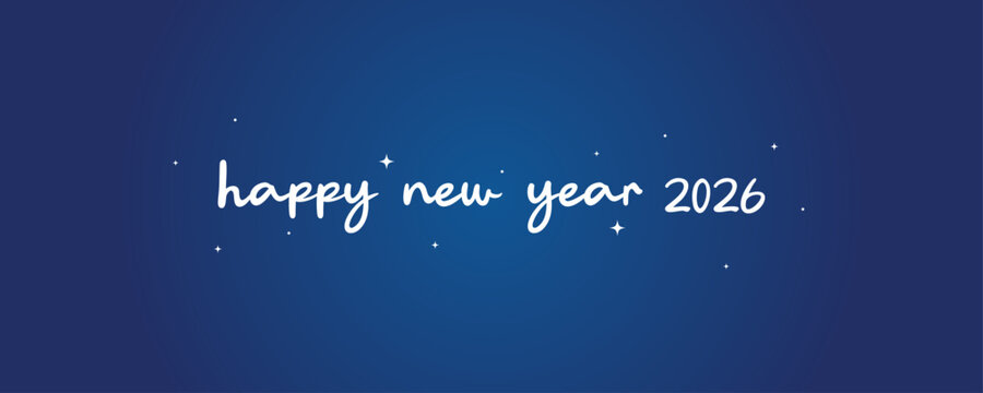 Simple and clean 2026 New Year celebration banner with happy new year 2026 text and white stars on a navy blue gradient backdrop.