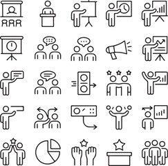 Collection of thin line icons depicting business meeting and conference activities presentation