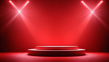 A red stage with a spotlight and a red stage with the spotlights lit up.
2
