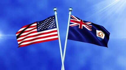 USA and Anguilla Flag Waving On Pole Loop