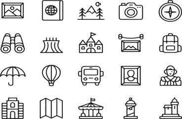 Collection of travel and tourism outline icons on white background vector