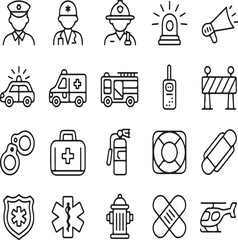 Police ambulance fire and medical service icons vector set police officer doctor