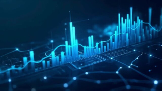 Futuristic data analytics visualization with glowing digital bars, financial graph lines, big data metrics, AI-driven statistics and cyber technology dashboard animation for modern business videos - Powered by Adobe