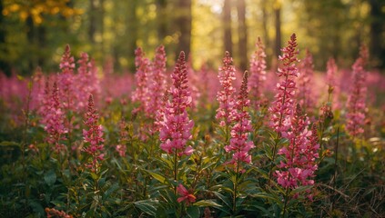 Obraz premium Wild Pink Blossoms Amidst Lush Forest During Summer, seasonal change