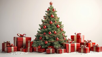 Festive Christmas Tree Decorated with Red Ornaments and Gifts.
