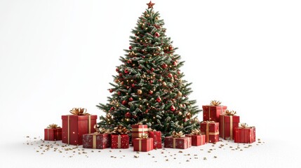 Festive Christmas Tree with Red Gifts and Ornaments on White Background.