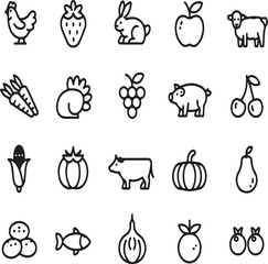 Simple line art icons of farm animals fruits and vegetables on white background chicken strawberry