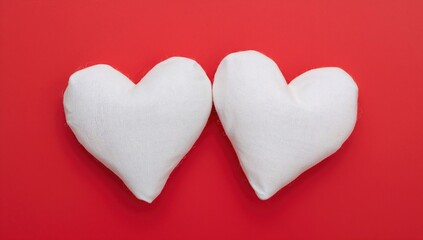 Two white fabric hearts positioned on a red background, suitable for text inclusion, Valentine's Day theme.