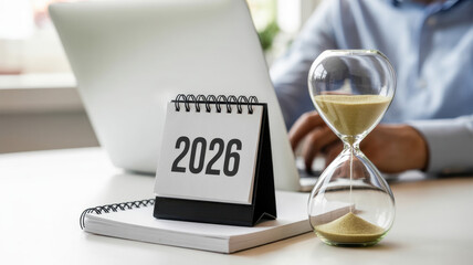 A person works on a laptop next to a calendar showing 2026 and an hourglass, symbolizing future planning and time