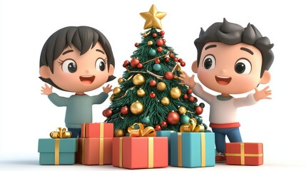 Cheerful Kids Celebrating Christmas with Gifts and a Tree.