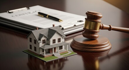 Symbolic Representation of Real Estate Law with Gavel House and Contract Documents