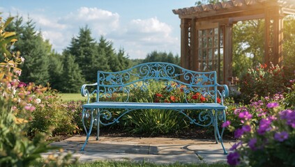 A charming blue metal bench on a stone patio, ideal for enhancing outdoor elegance