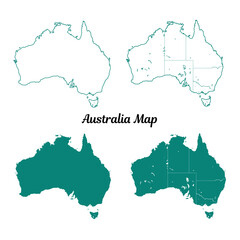 Australia Map Teal Outline and Solid Fill on White Background