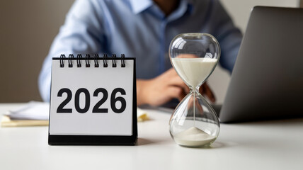 A person works on a laptop next to a calendar showing 2026 and an hourglass, symbolizing future planning and time