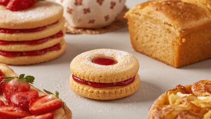 Puffed cookies filled with jam arranged alongside various baked treats, a fiber-dense choice