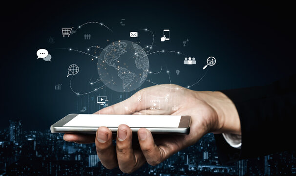 Visualization of global digital communication and online across multiple platforms, including global network, digital network, communication network, and online network. Vouch