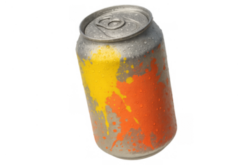 Cold aluminum drink can with vibrant yellow and orange paint splashes, creating a modern pop art effect on transparent background
