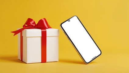 A white gift box with a red ribbon and a character mascot on a yellow background, suitable for design applications