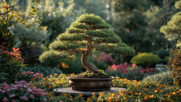 Beautiful Bonsai Tree Set in a Lush Garden, Symbol of Patience