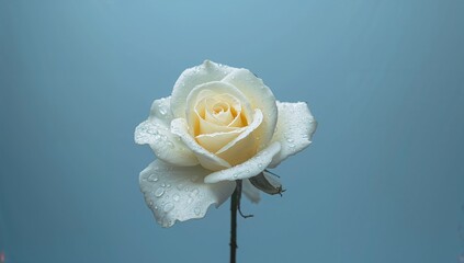 Blue backdrop featuring a white rose adorned with water droplets