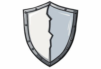 Illustrated Half-Cracked Dual-Tone Metallic Shield with Steel Rivets on a White Background
