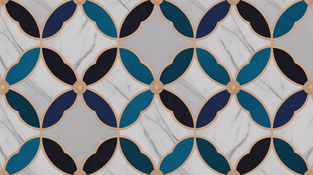 Luxury seamless Moroccan tile pattern, geometric quatrefoil, rose gold lines, white marble and sapphire blue, ornate medallions, high-end wallpaper, textile, packaging design.