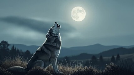 Serene wolf howls under majestic moonlight with a tranquil mountains backdrop
