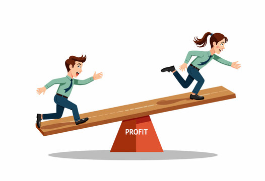 Cartoon Business Competition: Two Animated Characters on a Profit-Balancing See-Saw in a Race to Financial Success - Powered by Adobe